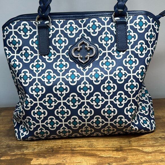 Brighton Renata Blue Medallion Tote Shoulder Bag Handbag Purse Coated Canvas - Picture 2 of 12